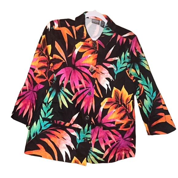 Additions Chicos Womens Jacket Sz 2 Button Front 3/4 Sleeves Floral tropical L - Picture 2 of 4